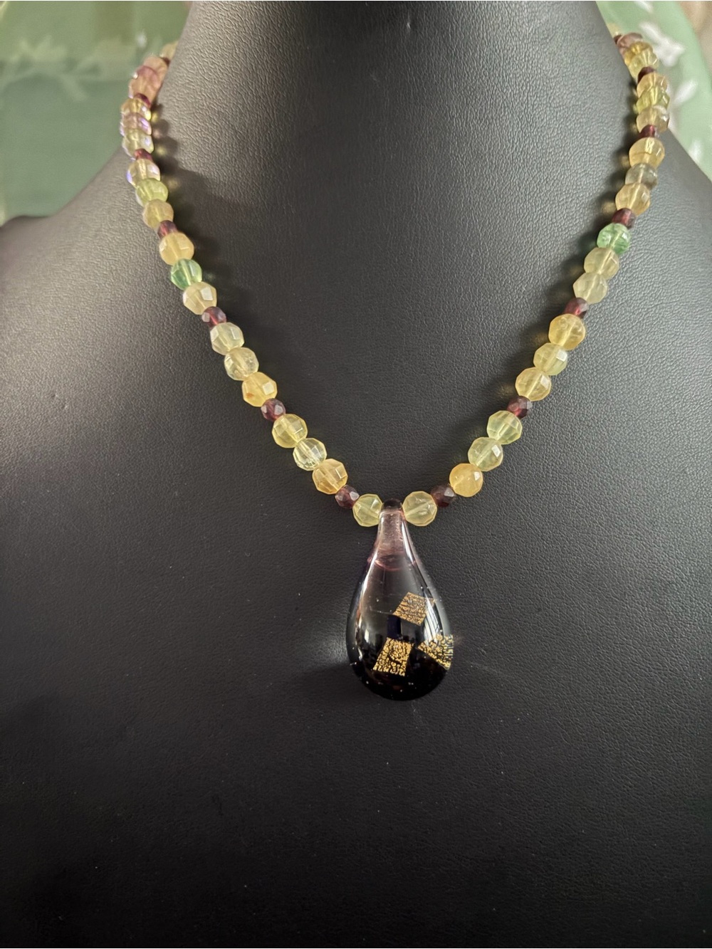 Multicolor Bead Necklace with Black Glass Teardrop Pendant